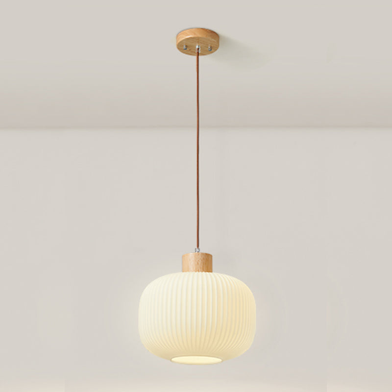 Lampe à suspension géométrique en bois léger créatif moderne avec une teinte en verre blanche