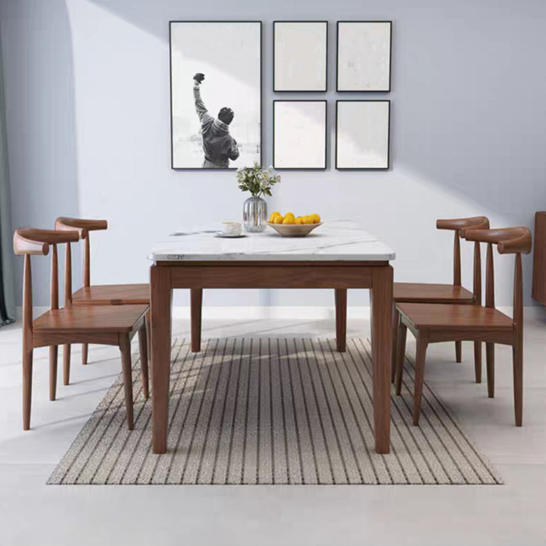Solid Wood Mid-Century Modern Table Rectangle Marble Top Table for Kitchen