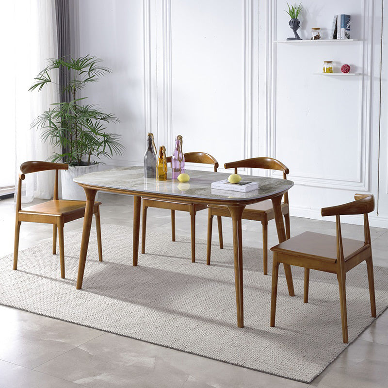 Mesa rectangular moderna de mediados de siglo Mesa de piedra sinterizada con 4 patas base de madera