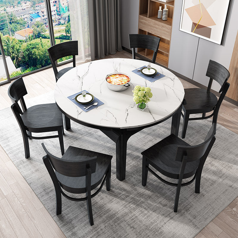 Round Contemporary Dining Table Sintered Stone Table with 4 Black Ash Solid Wood Legs