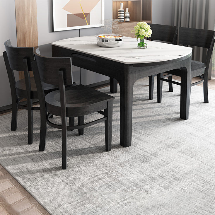 Round Contemporary Dining Table Sintered Stone Table with 4 Black Ash Solid Wood Legs