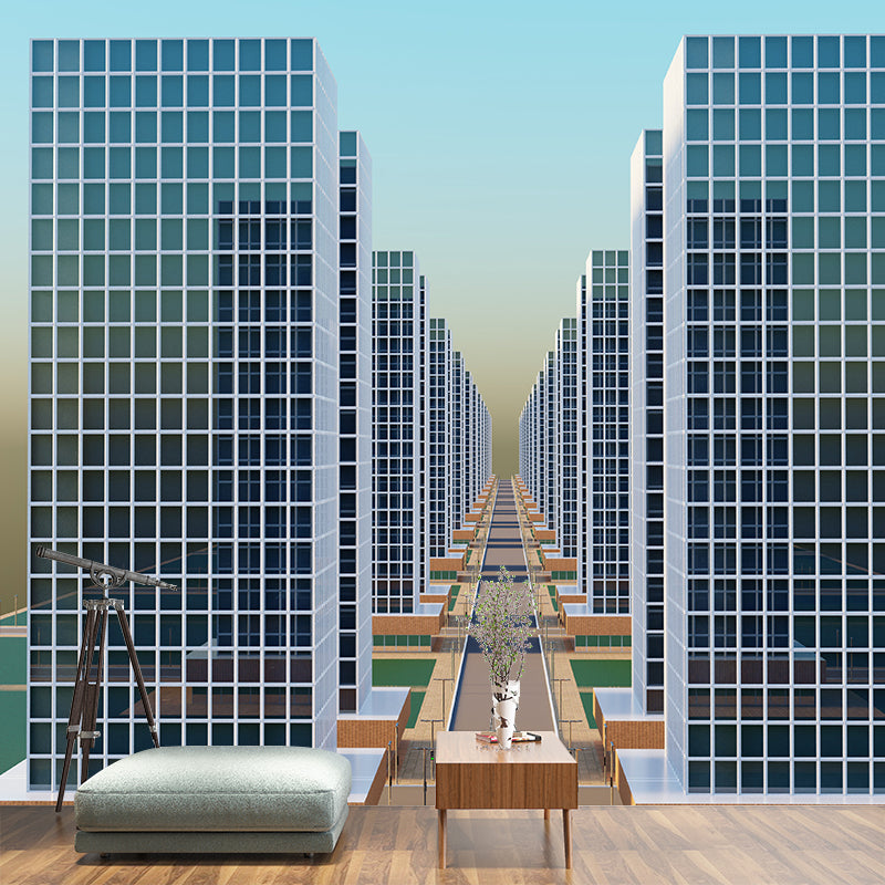 City Building Illustration Wall Murals Moisture Resistant Wall Decor for Meeting Room