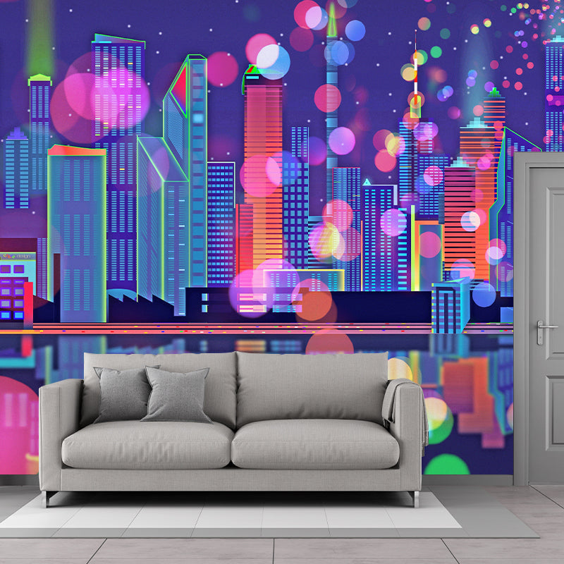 City Building Illustration Wall Murals Moisture Resistant Wall Decor for Meeting Room
