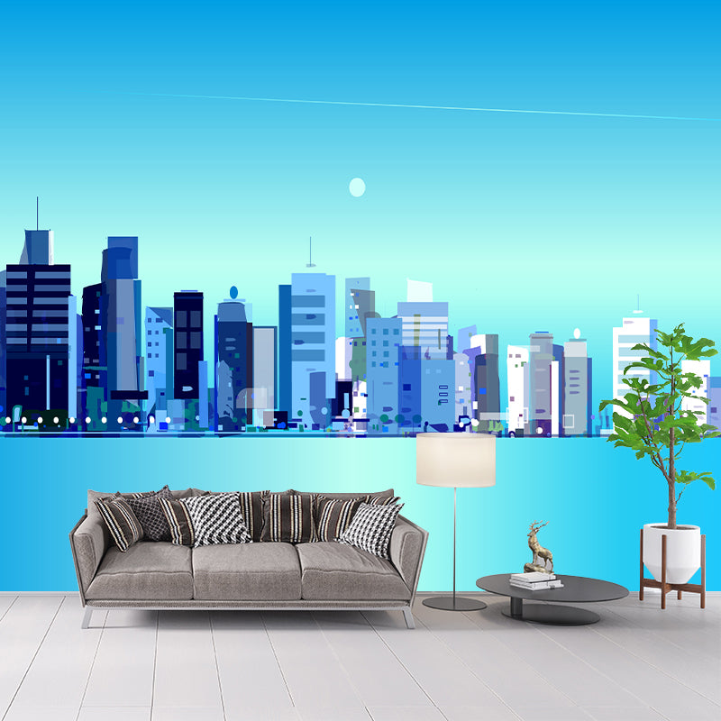 City Building Illustration Wall Murals Moisture Resistant Wall Decor for Meeting Room