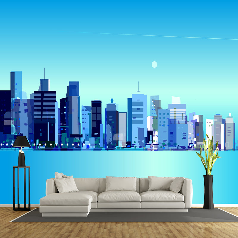 City Building Illustration Wall Murals Moisture Resistant Wall Decor for Meeting Room