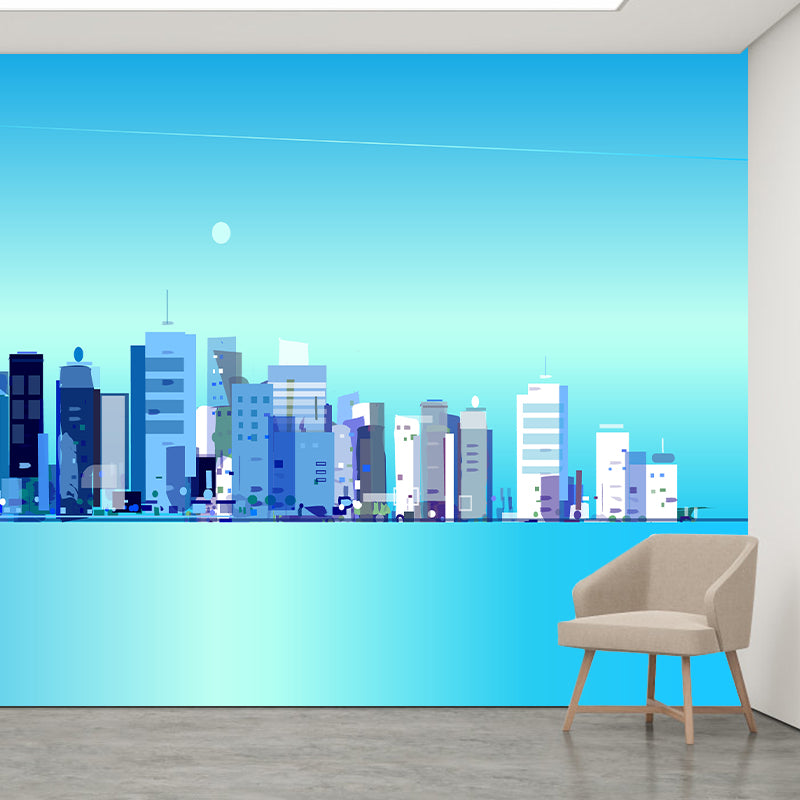 City Building Illustration Wall Murals Moisture Resistant Wall Decor for Meeting Room