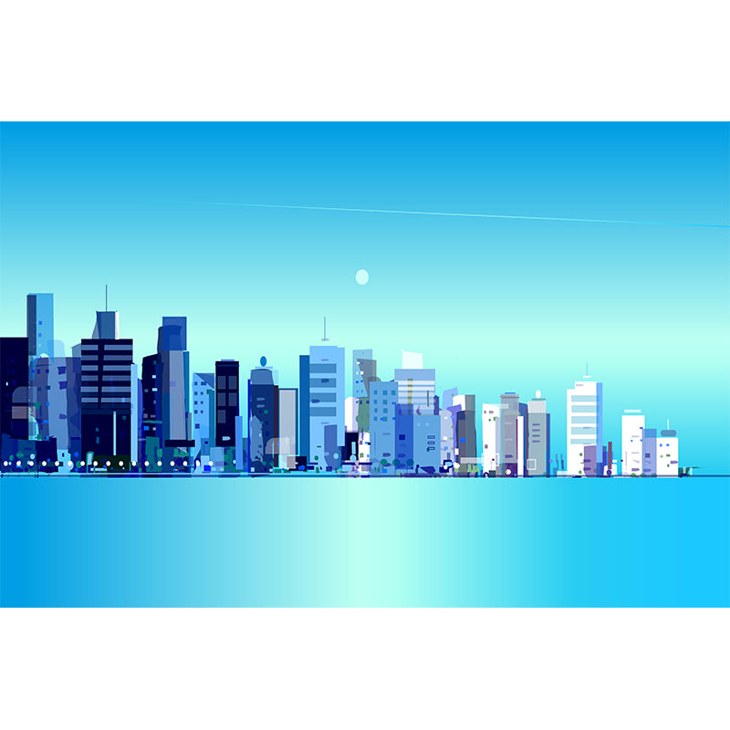 City Building Illustration Wall Murals Moisture Resistant Wall Decor for Meeting Room