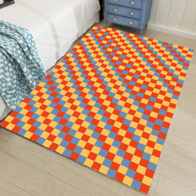 Dark Orange Modern Rug Polyester Grid Indoor Rug Non-Slip Backing Rug for Living Room