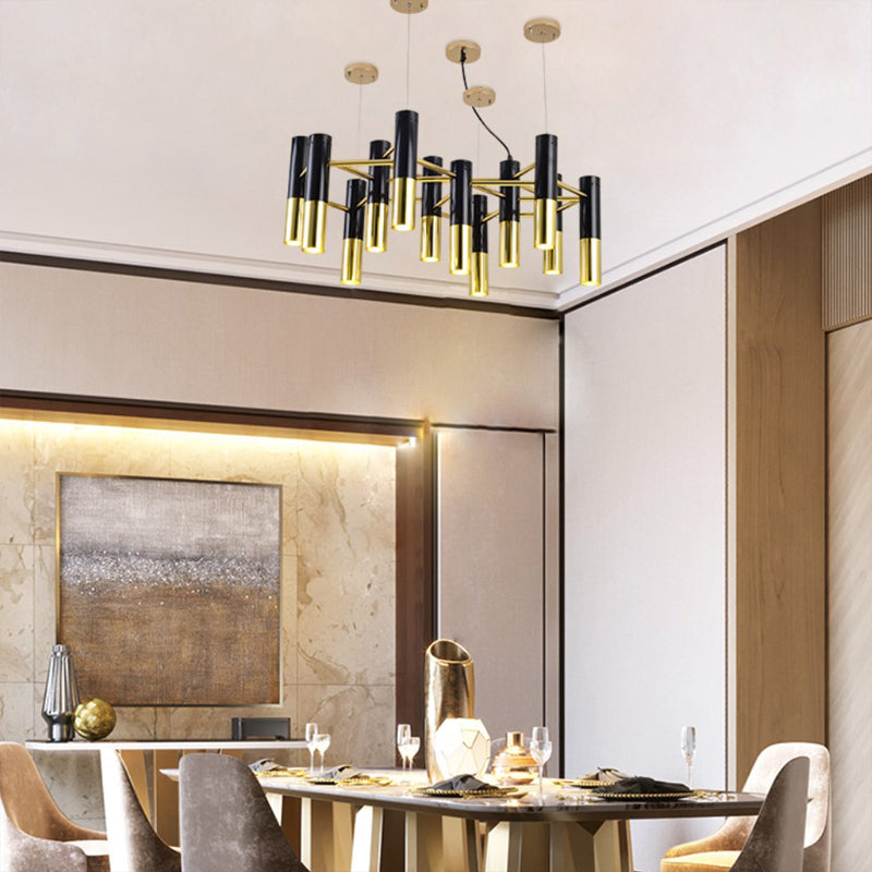 Postmodern Black-Gold Chandelier Metal Tubular Living Room Suspension Light