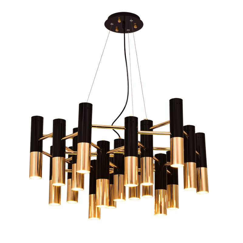 Postmodern Black-Gold Chandelier Metal Tubular Living Room Suspension Light