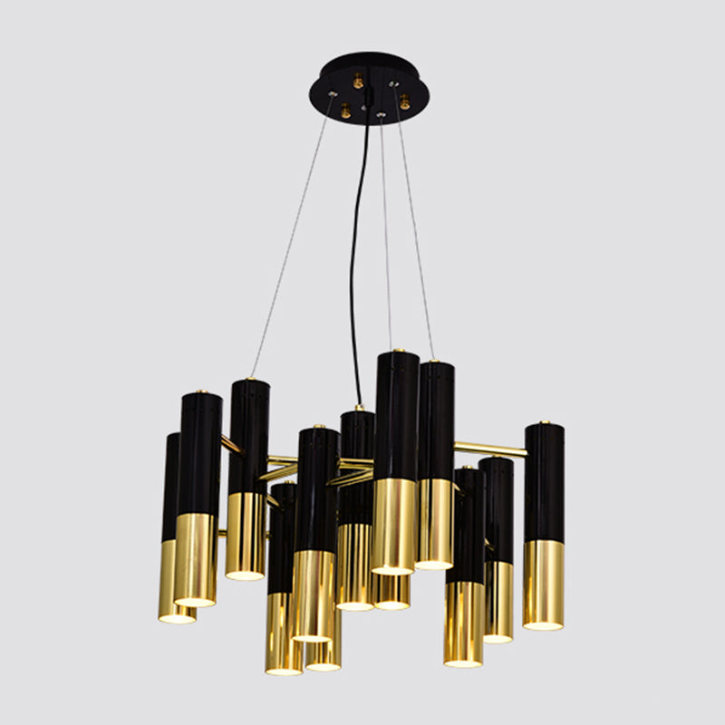 Postmodern Black-Gold Chandelier Metal Tubular Living Room Suspension Light