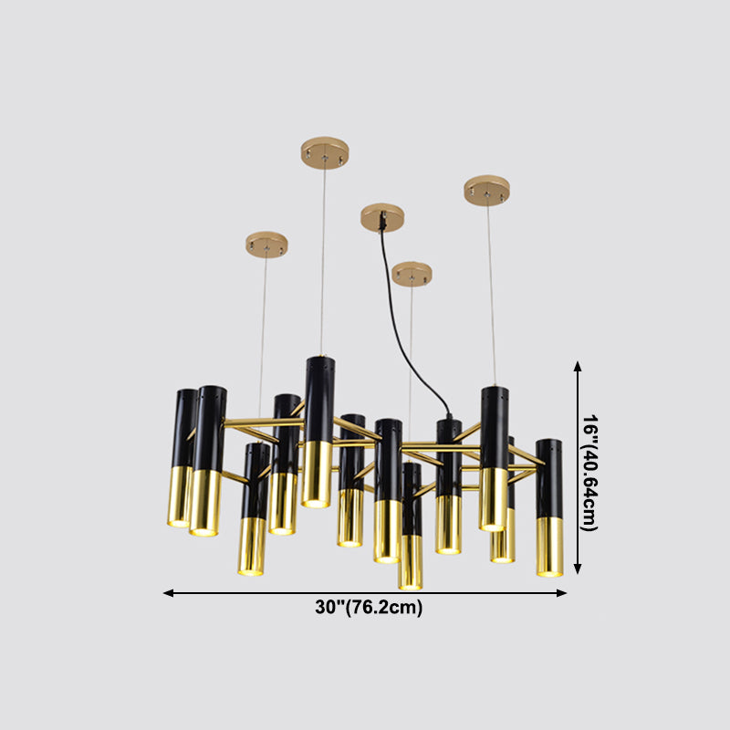 Postmodern Black-Gold Chandelier Metal Tubular Living Room Suspension Light