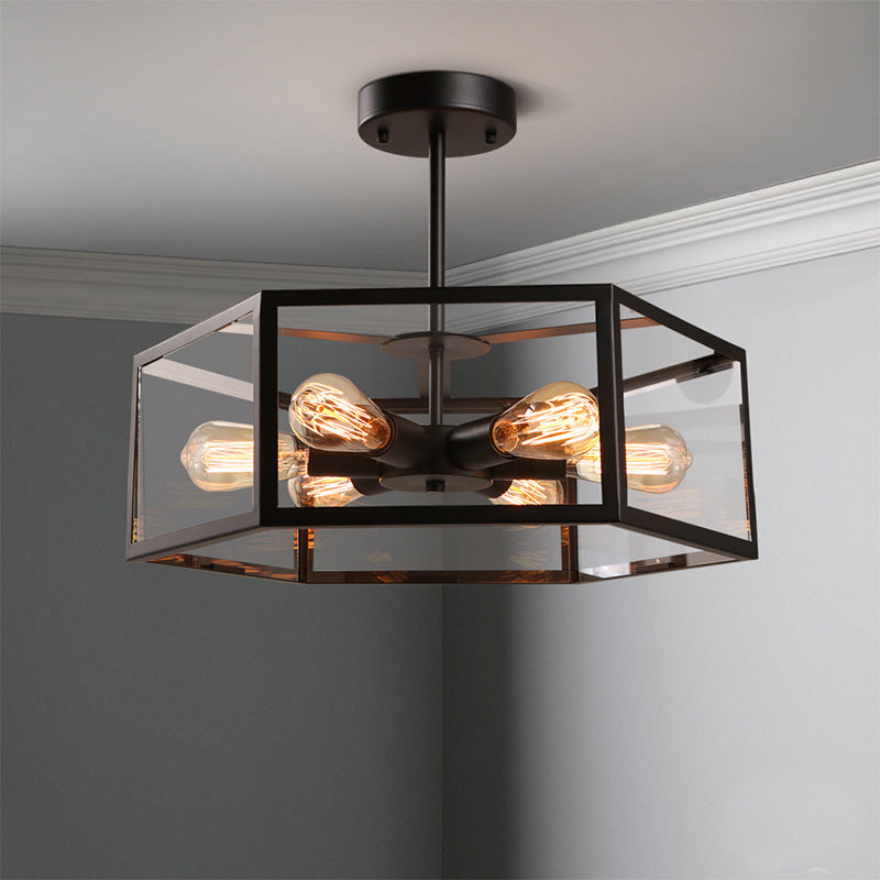 Hexagonal Glass Chandelier Light Fixture Industrial 6 Bulbs Suspension Light in Black