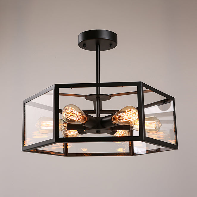 Hexagonal Glass Chandelier Light Fixture Industrial 6 Bulbs Suspension Light in Black