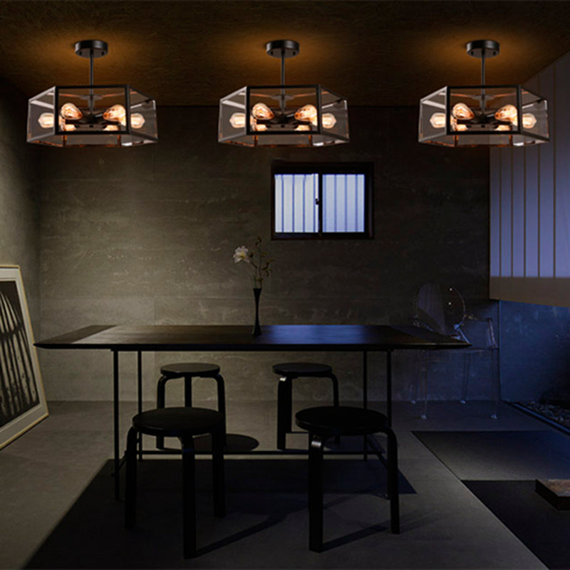 Hexagonal Glass Chandelier Light Fixture Industrial 6 Bulbs Suspension Light in Black