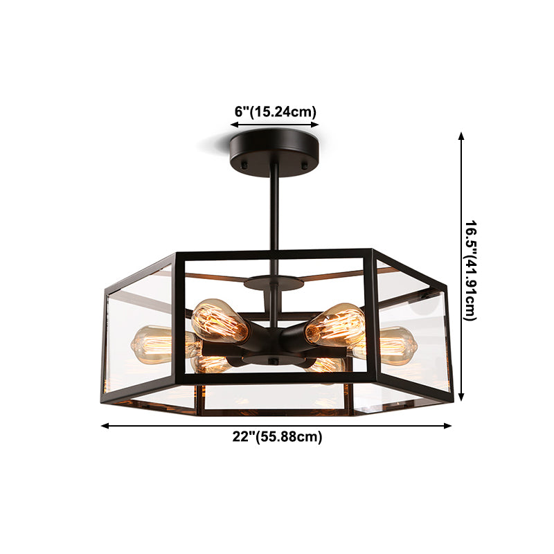 Hexagonal Glass Chandelier Light Fixture Industrial 6 Bulbs Suspension Light in Black