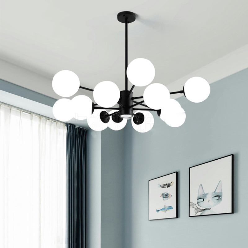 Nordic Globe Chandelier Black Multi Light Hanging Light with White Glass for Bedroom
