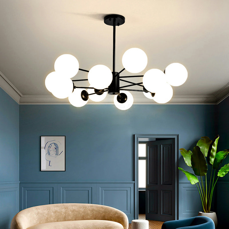 Nordic Globe Chandelier Black Multi Light Hanging Light with White Glass for Bedroom
