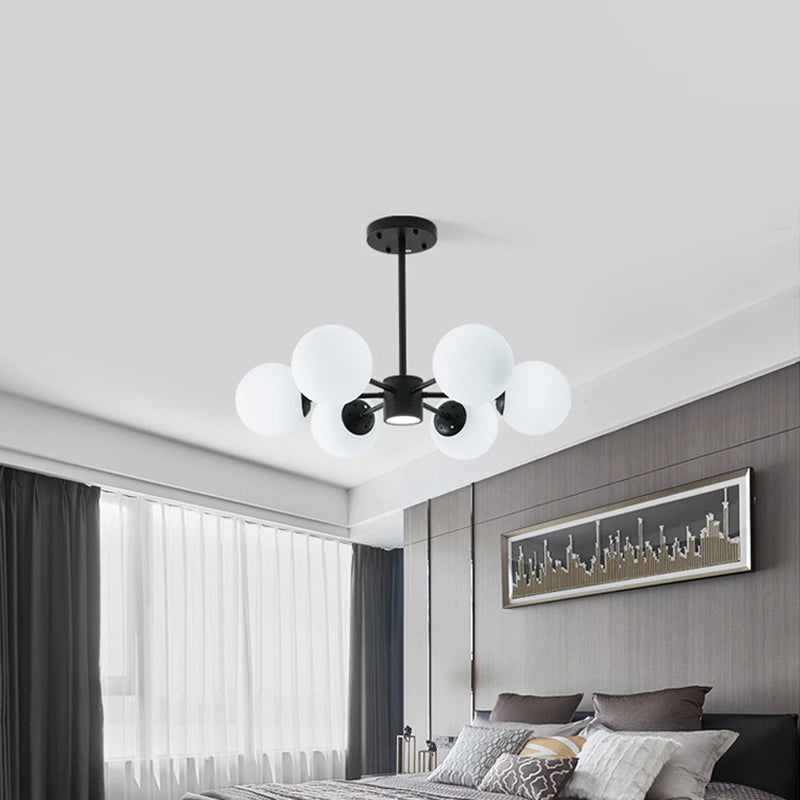 Nordic Globe Chandelier Black Multi Light Hanging Light with White Glass for Bedroom