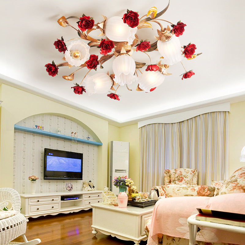 Blossom Bedroom Semi Flush Mount Romantic Pastoral Metal 3/6 Lights Café près du plafond lampe