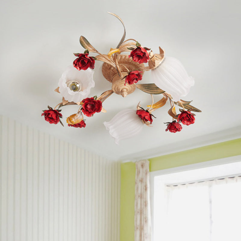 Blossom Bedroom Semi Flush Mount Romantic Pastoral Metal 3/6 Lights Café près du plafond lampe
