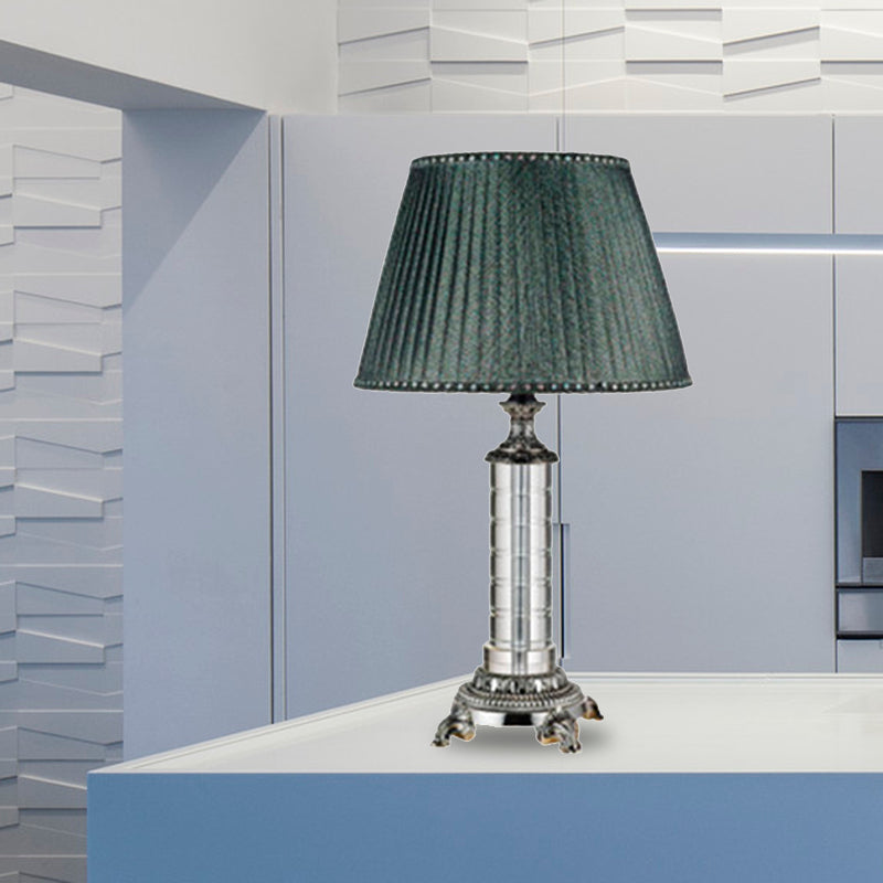 Geplooide stoffen tafellamp Moderne 1-kops groene bureaulamp met gesneden bronzen metalen voet