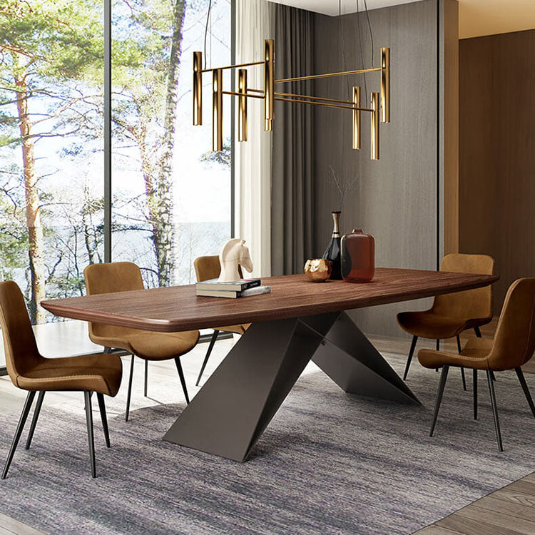 Mesa de madera maciza industrial para mesa de comedor rectangular de restaurantes en marrón con pedestal de metal