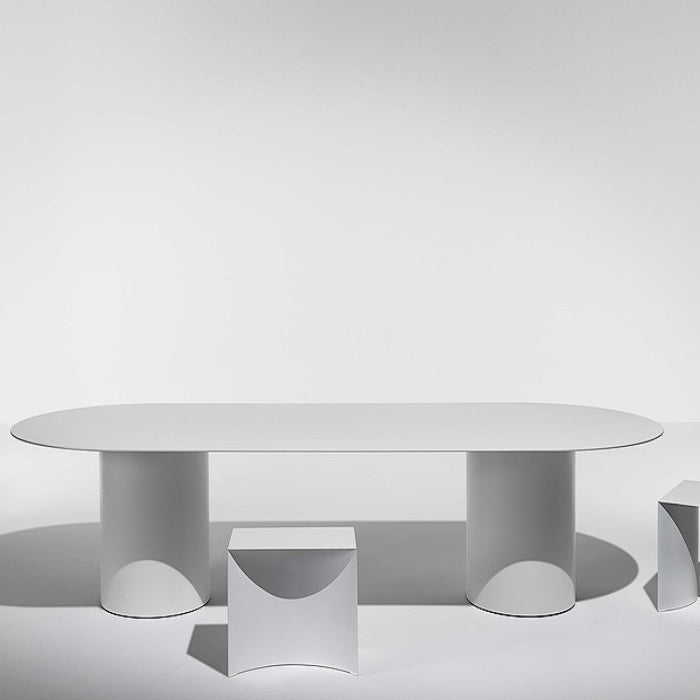Modern Solid Wood Table for Restaurant Oval Dining Table in White with Double Pedestal