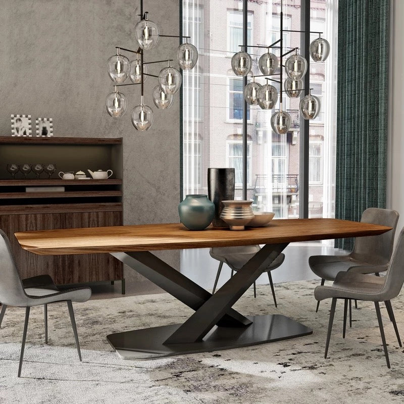 Mesa industrial de madera maciza para mesa de comedor rectangular de restaurantes con pedestal de metal