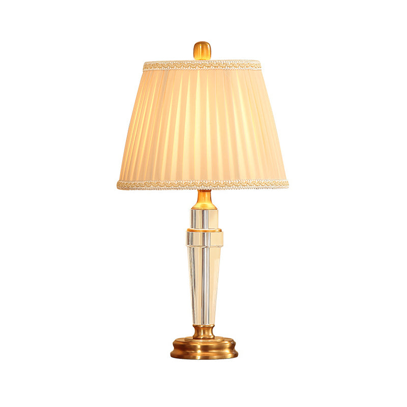 Lampe de bureau conique en cristal tissu moderne 1 ampoule lampe de table de nuit beige avec base en métal