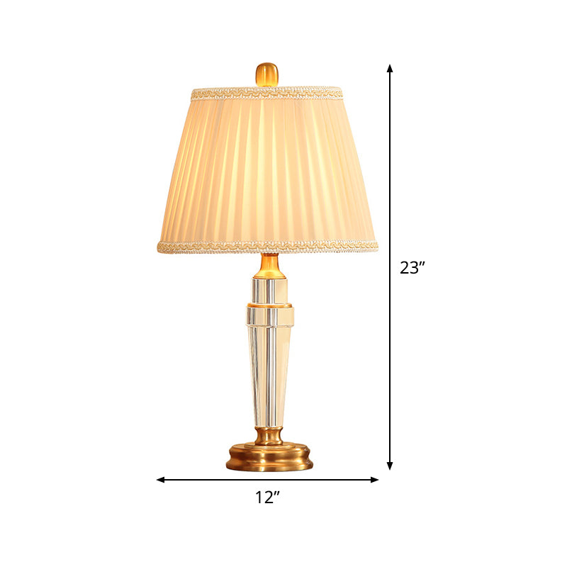Lampe de bureau conique en cristal tissu moderne 1 ampoule lampe de table de nuit beige avec base en métal
