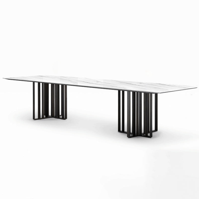 Mesa de comedor industrial de piedra sinterizada Mesa rectangular con pedestal doble de metal