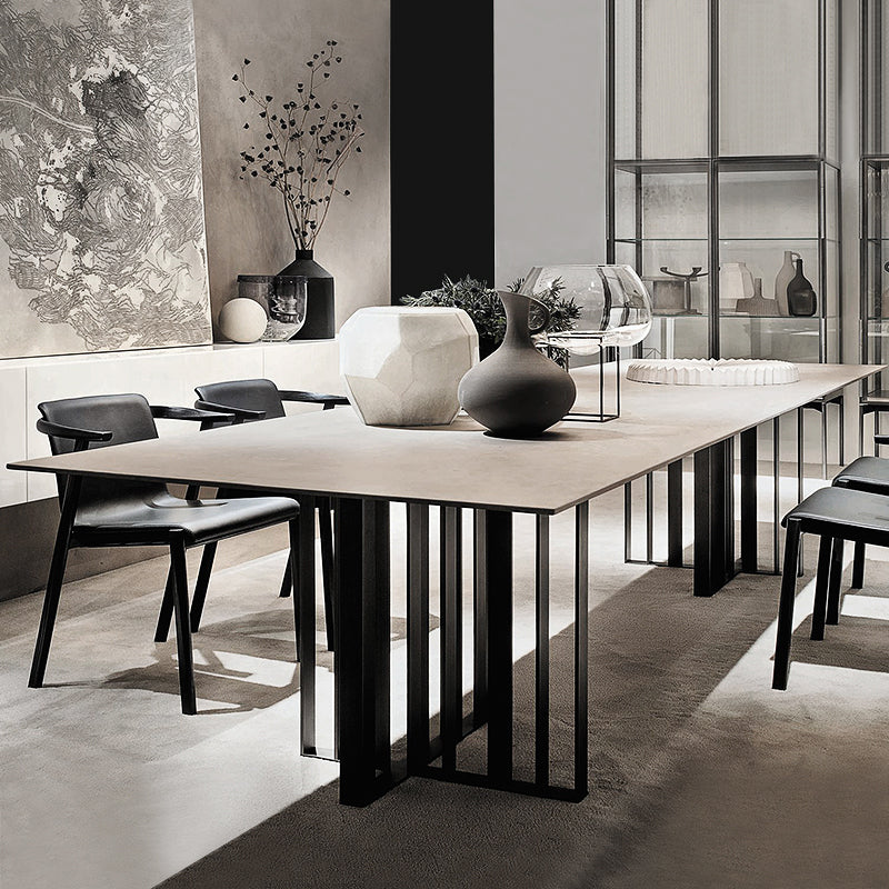 Mesa de comedor industrial de piedra sinterizada Mesa rectangular con pedestal doble de metal
