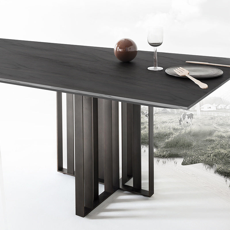 Mesa de comedor industrial de piedra sinterizada Mesa rectangular con pedestal doble de metal