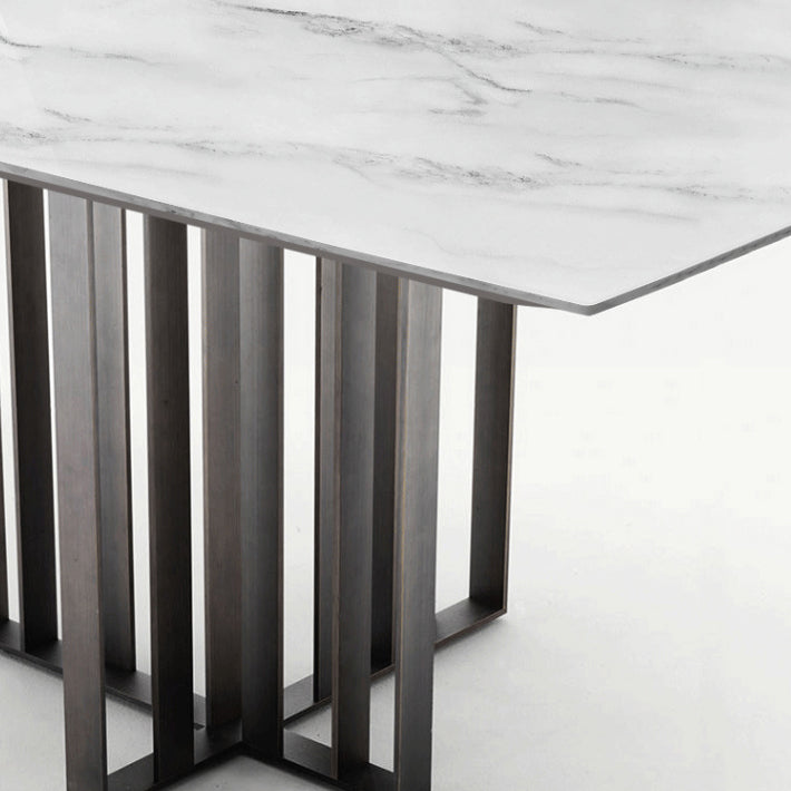 Mesa de comedor industrial de piedra sinterizada Mesa rectangular con pedestal doble de metal