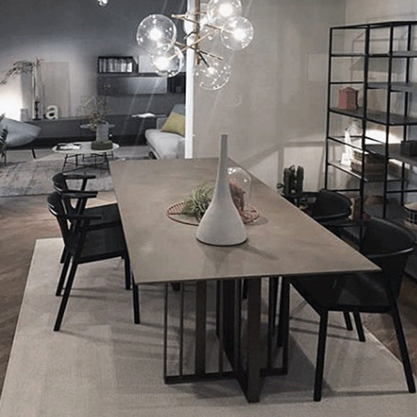 Mesa de comedor industrial de piedra sinterizada Mesa rectangular con pedestal doble de metal