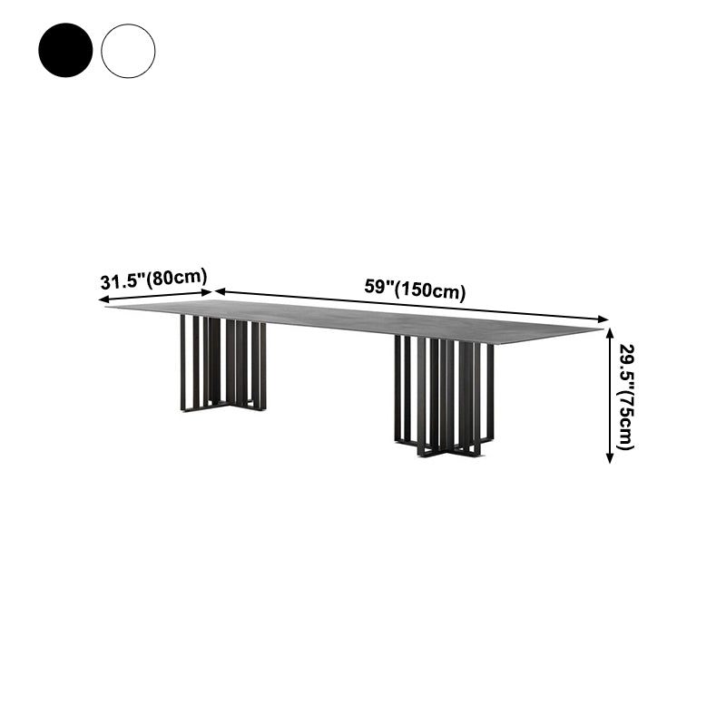 Mesa de comedor industrial de piedra sinterizada Mesa rectangular con pedestal doble de metal