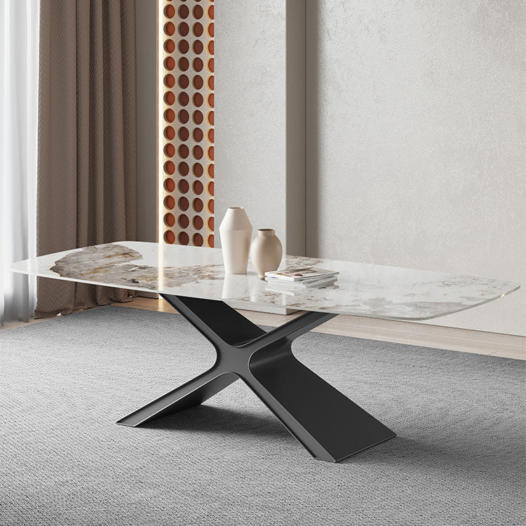 Metal Traditional Luxury Rectangle Table Sintered Stone Top Indoor Table with Pedestal
