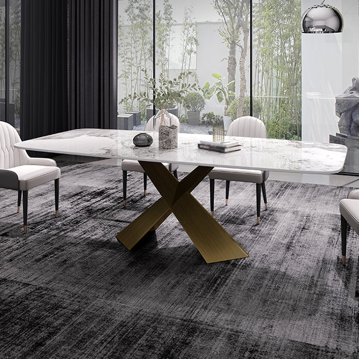 Sintered Stone Top Dining Table for Restaurant Luxury Rectangle Table with Metal Pedestal