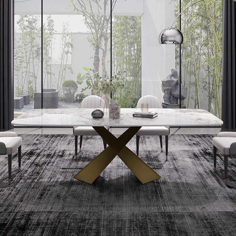 Sintered Stone Top Dining Table for Restaurant Luxury Rectangle Table with Metal Pedestal
