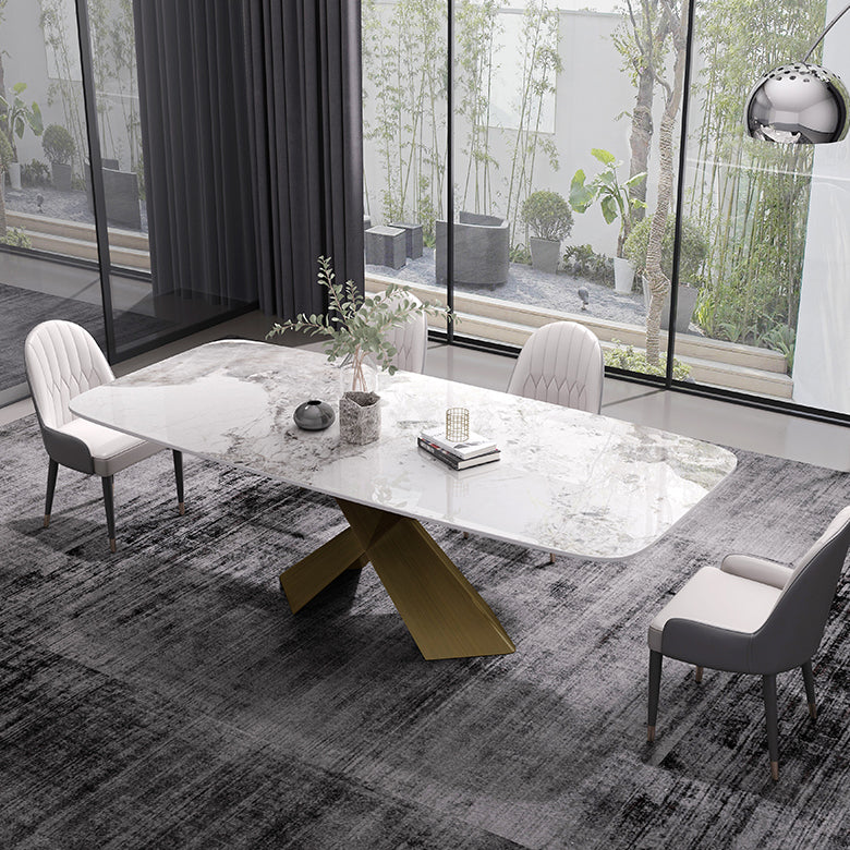 Sintered Stone Top Dining Table for Restaurant Luxury Rectangle Table with Metal Pedestal