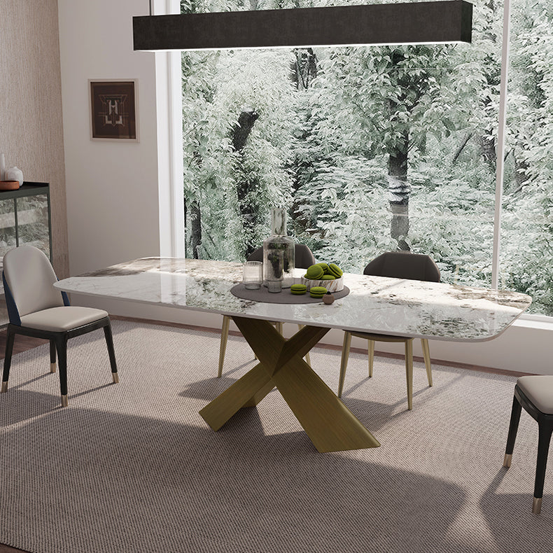 Sintered Stone Top Dining Table for Restaurant Luxury Rectangle Table with Metal Pedestal