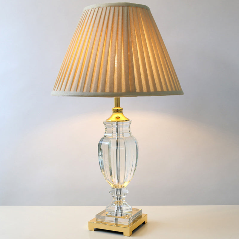 Contemporary 1 Head Crystal Table Light Beige Conical Small Desk Lamp with Fabric Shade