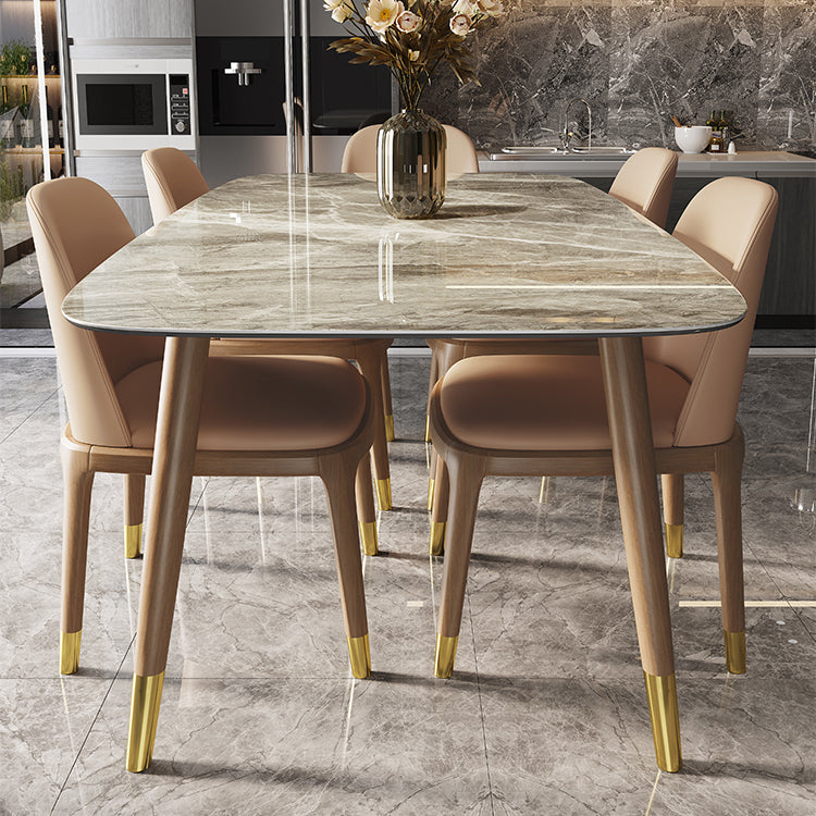 Mesa rectangular contemporánea de madera maciza, mesa superior de piedra sinterizada con patas de madera