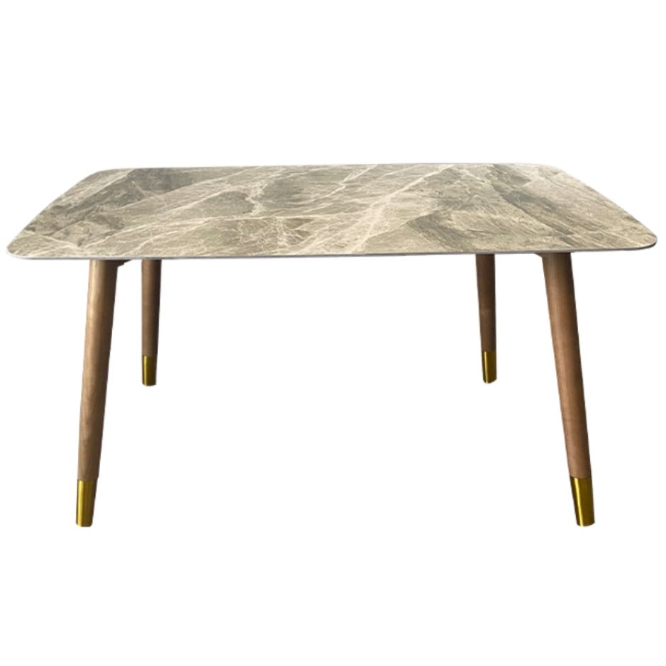 Mesa rectangular contemporánea de madera maciza, mesa superior de piedra sinterizada con patas de madera