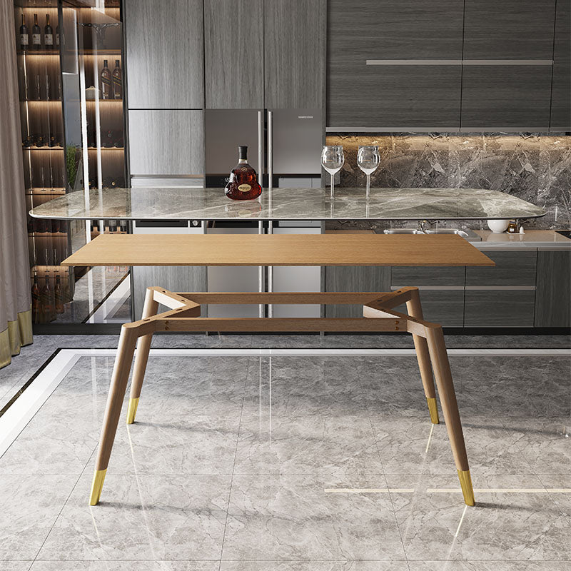 Mesa rectangular contemporánea de madera maciza, mesa superior de piedra sinterizada con patas de madera