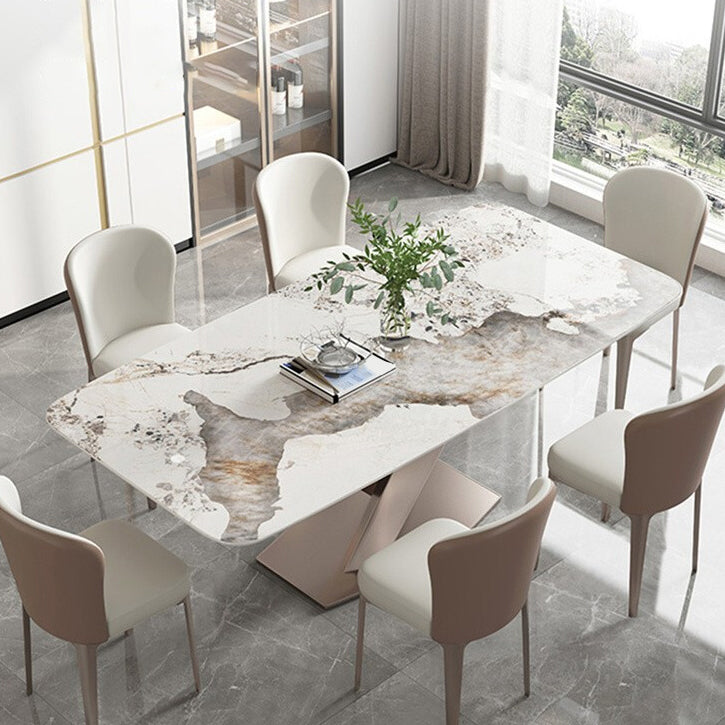 Traditionele luxe eettafel, rechthoekige eettafel van gesinterd steen met voetstuk