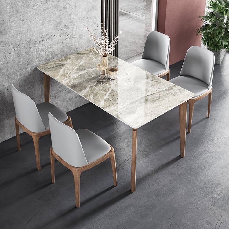Rectangle Mid-Century Modern Dining Table Sintered Stone Table with 4 Solid Wood Legs