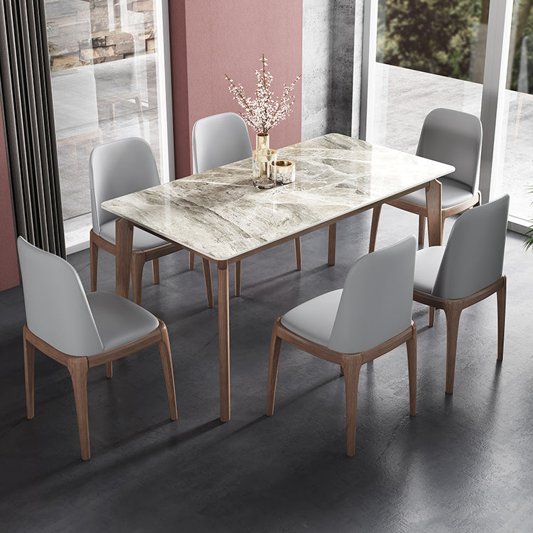 Rectangle Mid-Century Modern Dining Table Sintered Stone Table with 4 Solid Wood Legs