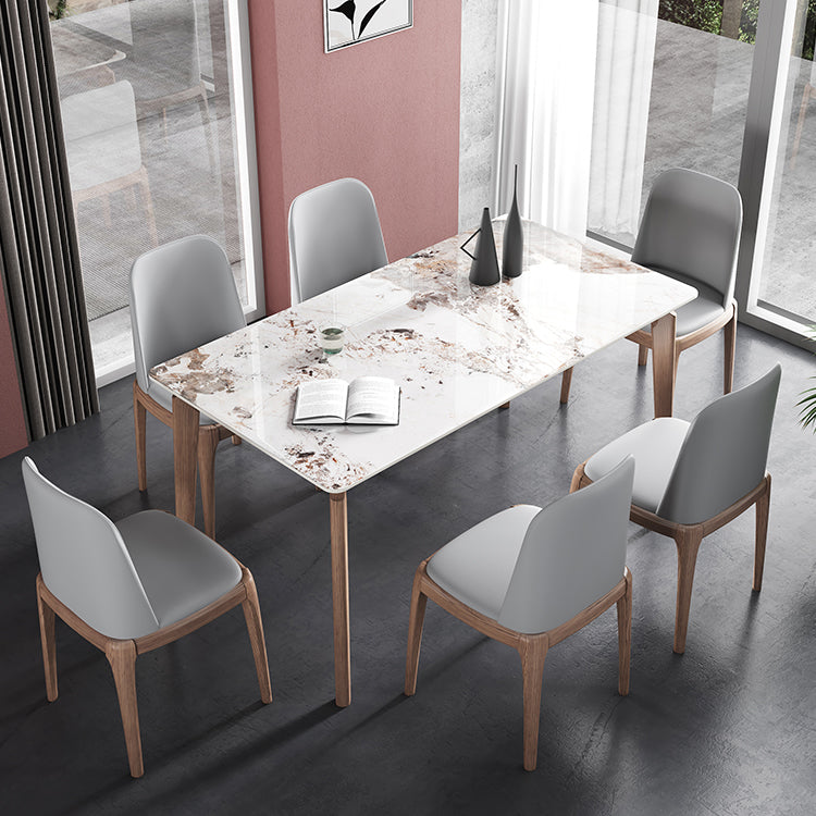 Rectangle Mid-Century Modern Dining Table Sintered Stone Table with 4 Solid Wood Legs